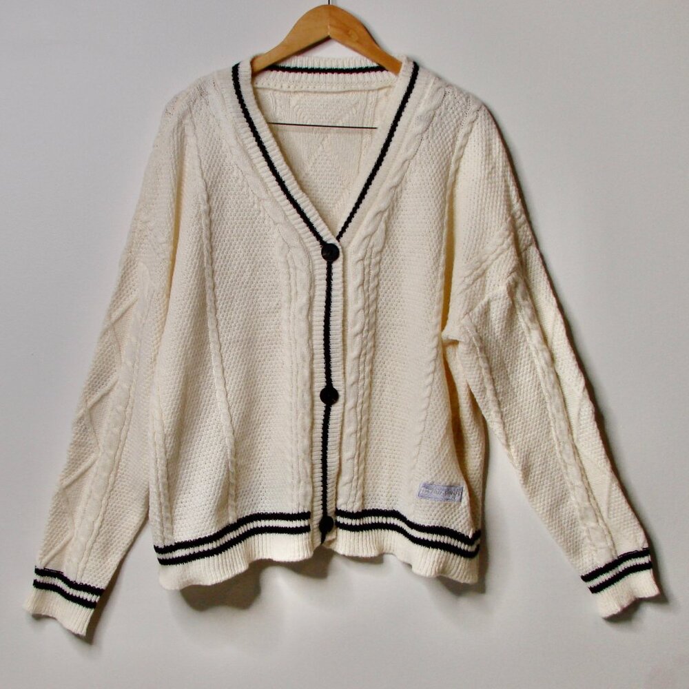 Classic Cream Cable-Knit Cardigan with Contrast Trim